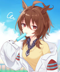 Rule 34 | 1girl, agnes tachyon (umamusume), ahoge, alternate hairstyle, animal ears, barufoa, blurry, blurry background, brown hair, cloud, collared shirt, earrings, food, horse ears, hot, indoors, jewelry, lab coat, looking at viewer, low twintails, necktie, off shoulder, orange eyes, outdoors, popsicle, raised eyebrows, shirt, short necktie, short twintails, single earring, solo, sweatdrop, sweater, tongue, tongue out, twintails, umamusume, upper body, yellow sweater