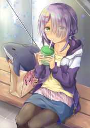Rule 34 | 1girl, absurdres, black pantyhose, blush, cafe stella to shinigami no chou, collarbone, commentary request, cowboy shot, cup, day, dolphin shorts, drinking, drinking straw, eyelashes, eyes visible through hair, green eyes, hair ornament, hair over one eye, highres, hiuchidani mei, holding, holding cup, hood, hood down, hoodie, long sleeves, looking at viewer, on bench, open clothes, open hoodie, outdoors, pantyhose, purple hair, purple hoodie, rgrey00, shirt, short hair with long locks, shorts, sidelighting, sitting, solo, stuffed animal, stuffed dolphin, stuffed toy, tan, x hair ornament, yellow shirt