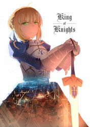 Rule 34 | 1girl, absurdres, ahoge, armor, artoria pendragon (all), artoria pendragon (fate), blonde hair, breastplate, cityscape, double exposure, english text, excalibur (fate/stay night), fate/stay night, fate (series), green eyes, highres, juliet sleeves, latte7, long sleeves, looking at viewer, planted, planted sword, planted weapon, puffy sleeves, saber (fate), solo, sword, weapon, white background