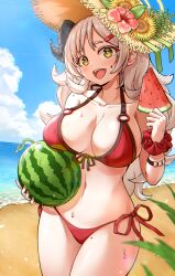 Rule 34 | 1girl, absurdres, beach, bikini, blue archive, blue sky, bracelet, breasts, cleavage, cloud, cloudy sky, collarbone, commentary request, demon girl, demon horns, flower, food, fruit, grey hair, hair between eyes, hair down, hair ornament, hairclip, halo, hat, hat flower, highres, holding, holding food, horizon, horns, izumi (blue archive), izumi (swimsuit) (blue archive), jewelry, large breasts, long hair, looking at viewer, mole, mole on thigh, nail polish, navel, ocean, official alternate costume, official alternate hairstyle, outdoors, red bikini, red nails, scrunchie, sidelocks, sky, sleeveless, smile, solo, sparkling eyes, ssalyun, stomach, straw hat, swimsuit, symbol-shaped pupils, thick eyebrows, watermelon, watermelon seeds, watermelon slice, wavy hair, wrist scrunchie, yellow eyes