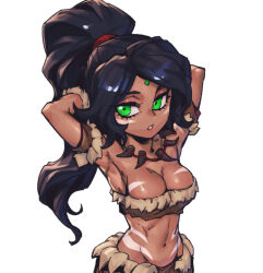 Rule 34 | 1girl, arms behind head, bare shoulders, black hair, body markings, breasts, cleavage, dark-skinned female, dark skin, facial mark, fur-trimmed skirt, fur trim, green eyes, jewelry, large breasts, league of legends, long hair, looking at viewer, navel, necklace, nidalee, phantom ix row, ponytail, simple background, skirt, solo, stomach, teeth, tooth necklace, white background