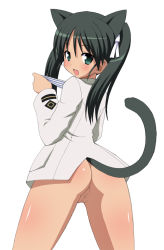 Rule 34 | 00s, 1girl, animal ears, ass, black hair, censored, francesca lucchini, green eyes, looking at viewer, maruken, no breasts, open mouth, petite, pussy, shishimaru ken&#039;ya, solo, strike witches, tail, twintails, world witches series