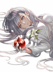 Rule 34 | 1girl, apple, breasts, collared shirt, commentary request, dress shirt, flower, food, fruit, gloves, green eyes, half gloves, highres, holding, holding food, holding fruit, long hair, long sleeves, lying, medium breasts, on back, original, parted lips, red apple, shirt, silver hair, simple background, solo, very long hair, white background, white flower, white gloves, white shirt, yuu (higashi no penguin)