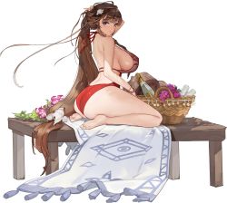 Rule 34 | 1girl, ass, bare legs, barefoot, basket, blue eyes, bottle, breasts, brown hair, carpet, champagne bottle, covered erect nipples, cup, daphne (last origin), drinking glass, floral print, flower, food, from side, fruit, full body, game cg, grapes, hair ornament, highres, huge breasts, large breasts, last origin, leaf, long hair, looking at viewer, looking back, low-tied long hair, median furrow, official alternate costume, official art, on table, one-piece swimsuit, pearl hair ornament, petals, purple flower, red one-piece swimsuit, rorobomb, seashell, seiza, shadow, shell, shell hair ornament, shiny skin, shoulder blades, sideboob, sitting, skindentation, smile, solo, swimsuit, table, tachi-e, thick thighs, thighs, transparent background, very long hair, white one-piece swimsuit, wristband