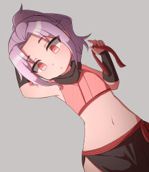 Rule 34 | 1girl, absurdres, arm up, armpits, arms behind head, black scarf, black skirt, blush, child, closed mouth, cowboy shot, cropped shirt, dot nose, expressionless, eyebrows, female focus, flat chest, grey background, hand up, highres, holding, holding ribbon, japanese clothes, kunoichi tsubaki no mune no uchi, light purple hair, long hair, looking down, looking to the side, midriff, monmon-san, navel, ninja, ponytail, red eyes, ribbon, sazanka (kunoichi tsubaki no mune no uchi), scarf, shirt, sideless outfit, simple background, skirt, sleeveless, sleeveless shirt, solo