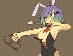 Rule 34 | 1girl, :p, animal ears, bare shoulders, blue eyes, blue hair, blush, breasts, breasts out, detached collar, fake animal ears, female focus, gradient hair, leotard, medium breasts, multicolored hair, nipples, ootorii bisetsu, playboy bunny, rabbit ears, rabbit tail, short hair, smile, solo, tail, tongue, tongue out