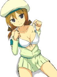 Rule 34 | 10s, 1girl, bra, breasts, brown hair, cleavage, error musume, hat, hikoukeiro, kantai collection, looking at viewer, simple background, skirt, smile, solo, underwear, undressing, white background, white bra