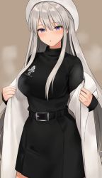 Rule 34 | 1girl, alternate costume, azur lane, belt, belt buckle, beret, black dress, breasts, breath, brown background, buckle, casual, coat, commentary request, cowboy shot, dress, enterprise (azur lane), hair between eyes, hat, highres, kinokorec, large breasts, long hair, long sleeves, looking at viewer, off shoulder, open clothes, open coat, parted lips, purple eyes, sidelocks, silver hair, simple background, solo, standing, white coat, white hat