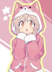 Rule 34 | 1girl, :o, animal hood, brown eyes, cat hood, commentary, grey hair, gustavo schuler, hair between eyes, highres, hood, hooded jacket, jacket, light blush, long sleeves, looking at viewer, multicolored hair, official alternate costume, onii-chan wa oshimai!, open mouth, oyama mahiro, pink hair, pink jacket, simple background, sleeves past wrists, solo, star (symbol), two-tone hair, upper body