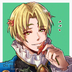 Rule 34 | 1boy, alfred (fire emblem), blonde hair, commentary, fire emblem, fire emblem engage, flower, green background, green eyes, grin, gzei, hair flower, hair ornament, high collar, highres, holding, holding flower, looking at viewer, male focus, nintendo, red flower, short hair, simple background, smile, solo