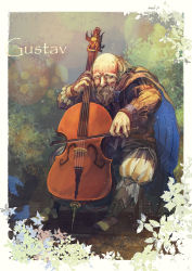 Rule 34 | balding, beard, bird, blue cape, boots, bow (music), brown footwear, cape, cello, character name, day, facial hair, gustav (pixiv fantasia), instrument, looking at viewer, male focus, music, old, old man, outdoors, pixiv fantasia, pixiv fantasia t, plant, playing instrument, sitting, solo, tierra818