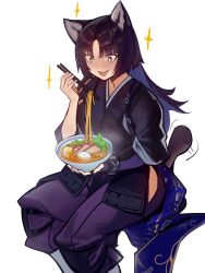 Rule 34 | 1girl, :d, animal ears, arknights, black hair, bowl, chopsticks, distr, dog ears, dog girl, dog tail, elbow gloves, fingerless gloves, food, gloves, highres, holding, holding bowl, holding food, infection monitor (arknights), japanese clothes, kimono, long hair, noodles, open mouth, pants, parted bangs, puffy pants, purple gloves, purple pants, ramen, saga (arknights), short sleeves, simple background, single elbow glove, single fingerless glove, single glove, sitting, smile, solo, sparkle, sparkling eyes, tail, tail wagging, white background