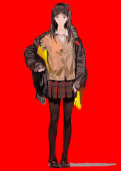 Rule 34 | 1girl, black footwear, black pantyhose, brown eyes, brown hair, cardigan, checkered clothes, checkered skirt, closed mouth, collared shirt, full body, long hair, long sleeves, off shoulder, original, pantyhose, pleated skirt, red background, shirt, shoes, simple background, skirt, solo, standing, ukumo uichi, white shirt