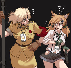 Rule 34 | 2girls, ?, ??, absurdres, ahoge, animal ears, anti-materiel rifle, armband, belt, black background, blonde hair, blue eyes, blue panties, breasts, brown gloves, brown hair, cannon, cat ears, chtv, collared shirt, commentary request, cowboy shot, girls&#039; frontline, gloves, green gloves, green necktie, gun, gun sling, handgun, headset, hellsing, hellsing 30mm anti-tank cannon harkonnen, highres, holding, holding gun, holding weapon, id card, idw (girls&#039; frontline), korean commentary, large breasts, looking at another, machine pistol, medium hair, military, military uniform, miniskirt, multiple girls, necktie, open mouth, panties, parker-hale idw, parker-hale pdw, personal defense weapon, pistol, red armband, rifle, seras victoria, shirt, shorts, simple background, skirt, sleeves rolled up, sniper rifle, striped necktie, submachine gun, suppressor, suspenders, sweat, underwear, uniform, weapon, white shirt