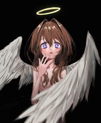Rule 34 | 1girl, absurdres, angel (nadegata), angel wings, bad id, bad twitter id, black background, blush, bright pupils, brown hair, convenient censoring, covering own mouth, feathered wings, gishiki (gshk), hair intakes, halo, hand over own mouth, hand up, highres, long hair, looking at viewer, nude, original, parted lips, ribs, simple background, skinny, solo, white pupils, white wings, wings
