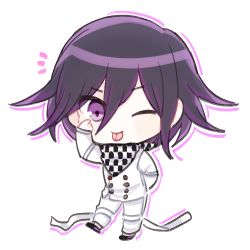 Rule 34 | 1boy, buttons, checkered clothes, checkered neckwear, checkered scarf, danganronpa (series), danganronpa v3: killing harmony, eyebrows, hair between eyes, lowres, male focus, matching hair/eyes, one eye closed, oma kokichi, pants, purple eyes, purple hair, scarf, shirt, short hair, side bangs, simple background, solo, straitjacket, tongue, tongue out, white shirt, wink