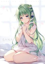 Rule 34 | 1girl, bed sheet, blue eyes, blush, breasts, cherry blossoms, collarbone, commentary request, feet out of frame, frog hair ornament, green hair, hair ornament, hair tubes, half-closed eyes, hands up, indoors, kochiya sanae, long hair, looking at viewer, medium breasts, miyase mahiro, naked sheet, no shoes, own hands together, petals, single sidelock, sitting, snake hair ornament, socks, solo, touhou, very long hair, wariza, white socks, window