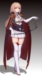 Rule 34 | 1girl, aiguillette, belt, blonde hair, blouse, blue eyes, blush, braid, cloak, closed mouth, corset, elbow gloves, epaulettes, flats, gloves, gradient background, half updo, hand up, highres, holding, langya beike, long hair, looking at viewer, military, military uniform, miniskirt, original, pleated skirt, ponytail, riding crop, shirt, sidelocks, skirt, solo, standing, thighhighs, uniform, white gloves, white shirt, white skirt, white thighhighs