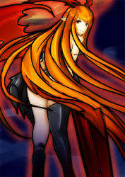 Rule 34 | 1girl, asymmetrical clothes, bare shoulders, demon girl, eihou (syou1022), female focus, gradient background, long hair, looking back, lord of vermilion, orange hair, pointy ears, red eyes, single thighhigh, solo, succubus (lord of vermilion), tail, thighhighs