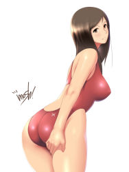 Rule 34 | 1girl, ass, bad id, bad pixiv id, breasts, brown eyes, brown hair, competition swimsuit, highleg, highleg swimsuit, large breasts, long hair, looking back, one-piece swimsuit, original, signature, smile, solo, swimsuit, xxkuroxx