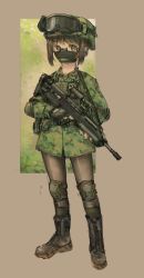 Rule 34 | 1girl, absurdres, black footwear, boots, brown eyes, brown hair, bullpup, camouflage, camouflage headwear, commentary, elbow pads, english commentary, glasses, goggles, goggles on headwear, gun, helmet, highres, holding, holding gun, holding weapon, knee pads, leggings, looking at viewer, mask, military, military uniform, mouth mask, original, solo, uniform, weapon, xerbatt