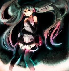 Rule 34 | 1girl, bad id, bad pixiv id, elbow gloves, gloves, green eyes, green hair, hatsune miku, hatsune miku (append), highres, keshi, long hair, matching hair/eyes, pink hair, solo, thighhighs, twintails, very long hair, vocaloid, vocaloid append