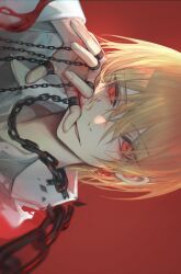 Rule 34 | 1boy, blood, blood on face, blood on hands, broken, broken chain, chain, hair between eyes, highres, hunter x hunter, jewelry, kkamiiz, kurapika, looking at viewer, male focus, multiple rings, parted lips, red background, red eyes, ring, shirt, short hair, sideways, solo, white shirt