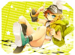 Rule 34 | 1girl, asymmetrical footwear, text background, black footwear, black legion, black sailor collar, black socks, blonde hair, blue eyes, blue footwear, boots, bow, closed mouth, detached sleeves, haru (oomr005), hat, hat bow, highres, index finger raised, jacket, kagamine rin, mismatched footwear, musical note, nail polish, neckerchief, sailor collar, short hair, shorts, single boot, socks, solo, star (symbol), uneven footwear, vocaloid, white bow, white shorts, wryyyyyyyyyyyyyyyyyyyy, yellow jacket, yellow nails, yellow neckerchief