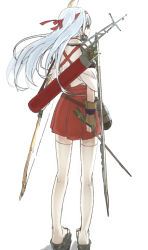 Rule 34 | 10s, 1girl, arrow (projectile), back, bow (weapon), flight deck, from behind, full body, holding, kantai collection, long hair, pleated skirt, ree (re-19), shoukaku (kancolle), simple background, skirt, solo, standing, tasuki, thighhighs, weapon, white background, white hair, white thighhighs, zettai ryouiki