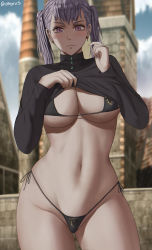 Rule 34 | 1girl, bikini, bikini under clothes, black bikini, black clover, black shirt, blush, breasts, cleavage, closed mouth, clothes lift, cowboy shot, cross, cross earrings, earrings, hands up, highres, jewelry, large breasts, lifted by self, long hair, long sleeves, looking at viewer, navel, noelle silva, oroborus, outdoors, purple eyes, shirt, shirt lift, silver hair, solo, string bikini, swimsuit, thighs, turtleneck, twintails