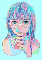 Rule 34 | 1girl, absurdres, aqua hair, blowing smoke, blue background, blue eyes, cigarette, glasses, green nails, highres, holding, holding cigarette, long hair, looking at viewer, multicolored hair, nail polish, open mouth, original, portrait, richard-kun, simple background, white-framed eyewear