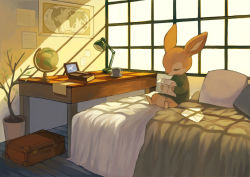 absurdres book briefcase child envelope furry globe highres indoors mayumochini on_bed original paper plant potted_plant reading sitting solo window