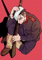 Rule 34 | 1boy, :|, bandage over one eye, black eyes, black hair, black pants, black shirt, bolt action, brown footwear, closed mouth, expressionless, facial hair, goatee, golden kamuy, gun, hair slicked back, hand on own head, highres, holding, holding gun, holding weapon, kanki (knksnbn), knee up, long sleeves, looking at viewer, male focus, military uniform, ogata hyakunosuke, one eye covered, pants, red background, rifle, scar, scar on face, shadow, shirt, shoes, short hair, shoulder boards, simple background, sitting, solo, undercut, uniform, weapon