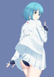 Rule 34 | 1girl, absurdres, ass, black gloves, blue background, blue hair, bob cut, commentary, cowboy shot, dead or alive, double horizontal stripe, fingerless gloves, flatfield, from behind, gloves, green eyes, hair ornament, hairclip, highres, jacket, jewelry, long sleeves, looking at viewer, looking back, miniskirt, nico (doa), parted lips, pleated skirt, pointing, pointing up, ring, short hair, simple background, skirt, smile, solo, standing, white jacket, white skirt