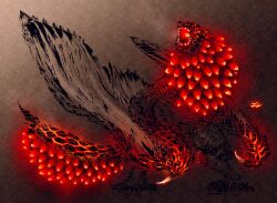 Rule 34 | absurdres, bazelgeuse, breath weapon, breathing fire, deadpool yuchan, dragon, fire, full body, glowing, glowing mouth, gradient background, highres, light particles, monster hunter (series), no humans, open mouth, partially colored, red eyes, scales, sharp teeth, signature, solo, spiked tail, tail, teeth, wings, wyvern