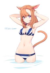 Rule 34 | 10s, 1girl, :3, animal ears, armpits, arms up, bikini, blush, breasts, cleavage, eyebrows, final fantasy, final fantasy xiv, long hair, looking at viewer, miqo&#039;te, navel, o-ring, o-ring bikini, orange hair, purple eyes, simple background, smile, solo, ssberit, striped bikini, striped clothes, swimsuit, tail, vertical stripes, wading, warrior of light (ff14)