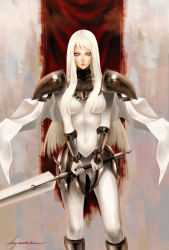 Rule 34 | 1girl, amy winterbreeze, armor, blonde hair, blue eyes, breasts, cape, claymore (series), claymore (sword), faulds, galatea, grey eyes, lips, long hair, pauldrons, shoulder armor, solo, sword, vambraces, weapon