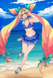 Rule 34 | 1girl, absurdres, beach, bikini, blazblue, blue bikini, blue sky, choker, commentary, day, flat chest, frilled bikini, frills, green eyes, hairband, heart, heart-shaped pupils, highres, long hair, low-tied long hair, navel, ocean, open mouth, platform footwear, platinum the trinity, quad tails, sandals, sky, smile, solo, stomach, swimsuit, symbol-shaped pupils, thank you, tusia, two side up, very long hair