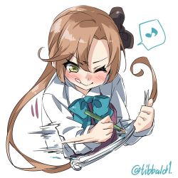 Rule 34 | 10s, 1girl, :q, ;), akigumo (kancolle), bad id, bad twitter id, blue bow, blue bowtie, blush, bow, bowtie, brown bow, brown hair, closed mouth, collared shirt, drawing, ebifurya, green eyes, hair bow, highres, holding, holding pencil, inactive account, kantai collection, long hair, long sleeves, motion lines, musical note, one eye closed, pencil, ponytail, quaver, shirt, simple background, sketchbook, sleeveless, smile, solo, speech bubble, spoken musical note, tongue, tongue out, twitter username, upper body, white background, white shirt