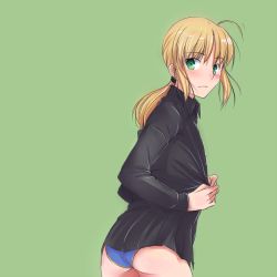 Rule 34 | 1girl, adapted costume, ahoge, artoria pendragon (fate), blonde hair, blue panties, blush, fate/zero, fate (series), from behind, green background, green eyes, looking back, panties, ponytail, saber (fate), solo, tusia, underwear, undressing