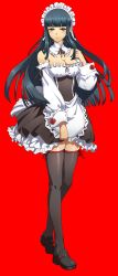 Rule 34 | 1girl, apron, black footwear, black hair, black thighhighs, blunt bangs, breasts, brown eyes, cleavage, closed mouth, detached collar, detached sleeves, dress, floating hair, full body, highres, langrisser re:incarnation, layered skirt, long hair, long sleeves, looking at viewer, maid headdress, maiya (langrisser), medium breasts, neck ribbon, off-shoulder dress, off shoulder, official art, ribbon, ribbon-trimmed sleeves, ribbon trim, shiny clothes, shiny legwear, skirt, sleeveless, sleeveless dress, solo, standing, thighhighs, transparent background, underbust, very long hair, waist apron, white apron, white sleeves
