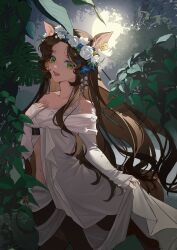 Rule 34 | 1girl, :d, absurdres, animal ears, backlighting, bare shoulders, blue flower, brown hair, centauroid, cowboy shot, deer ears, deer girl, deer tail, ear tag, flower, flower wreath, forest, full moon, green eyes, hand on own chest, hand up, head wreath, highres, holding, holding clothes, holding shirt, jessica (reverse:1999), leaf, long hair, looking at viewer, midriff, moon, nature, navel, night, night sky, off-shoulder shirt, off shoulder, open mouth, reverse:1999, rose, shirt, sky, sleeves past wrists, smile, solo, tail, taur, tree, very long hair, white flower, white rose, white shirt, xianyu huan