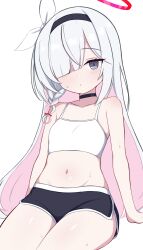 Rule 34 | 1girl, bare arms, black choker, black eyes, black hairband, black shorts, blue archive, blush, braid, choker, closed mouth, collarbone, colored inner hair, cowboy shot, crop top, dolphin shorts, flat chest, grey hair, groin, hair over one eye, hairband, halo, highres, io9, looking at viewer, multicolored hair, navel, pink hair, plana (blue archive), red halo, revision, short shorts, shorts, sidelocks, simple background, single braid, solo, stomach, sweat, white background