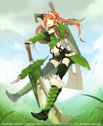 Rule 34 | 1girl, breasts, dual wielding, garter straps, gauntlets, grass, green eyes, hair ornament, hairband, holding, large breasts, long hair, mami (apsaras), navel, original, red hair, shorts, solo, sword, twintails, weapon, weeds, wind