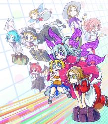 Rule 34 | + +, 6+girls, alice margatroid, alice margatroid (pc-98), angel wings, animal ears, apron, aqua hair, ascot, bat ears, bat wings, blonde hair, blue eyes, blue hair, blush stickers, book, bow, capelet, chamaji, character request, collared shirt, colored sclera, commentary request, fairy wings, flying, frills, grid background, hair bobbles, hair ornament, hairband, hand to own mouth, hat, hat bow, hat ribbon, highres, hug, hug from behind, long hair, long sleeves, louise (touhou), luggage, mai (touhou), maid, maid apron, maid headdress, mary janes, multiple girls, mystic square, neck ribbon, one eye closed, pink eyes, pink hair, pom pom (clothes), purple eyes, red hair, red sclera, ribbon, round teeth, sara (touhou), shawl, shinki (touhou), shirt, shoes, short hair, short sleeves, side ponytail, skirt, skirt set, smile, socks, suitcase, teeth, touhou, touhou (pc-98), twitter username, wide sleeves, wings, yellow eyes, yuki (touhou), yumeko (touhou)