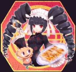 Rule 34 | 10s, 1girl, alternate costume, bad id, bad pixiv id, black hair, bonnet, bow, buritaku, celestia ludenberg, character request, chinese clothes, chopsticks, claw ring, danganronpa: trigger happy havoc, danganronpa (series), drill hair, dumpling, food, hair bow, holding, light smile, long hair, long sleeves, looking at viewer, plate, red eyes, twin drills, twintails, upper body, wide sleeves