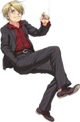 Rule 34 | 1boy, blonde hair, cigarette, formal, full body, hair over one eye, male focus, nigou, one piece, pinstripe pattern, pinstripe suit, red shirt, sanji (one piece), shirt, sitting, smoke, smoking, solo, striped clothes, striped shirt, suit, transparent background, white background