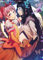 Rule 34 | 10s, 2girls, :&gt;, akemi homura, bad id, bad pixiv id, black hair, blush, bow, bug, butterfly, choker, from side, gloves, hair bow, hand on another&#039;s hip, holding hands, insect, interlocked fingers, kaname madoka, long hair, mahou shoujo madoka magica, mahou shoujo madoka magica (anime), multiple girls, pink bow, pink eyes, pink hair, profile, purple eyes, red bow, ribbon choker, twintails, white gloves, xiayehongming, yuri