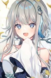 Rule 34 | 1girl, :d, bad id, bad twitter id, bare shoulders, blue eyes, breasts, detached sleeves, genshin impact, grey hair, guizhong (genshin impact), hair ornament, hairpin, hand up, long hair, looking at viewer, medium breasts, open mouth, sleeves past fingers, sleeves past wrists, smile, solo, taya oco, upper body, wide sleeves