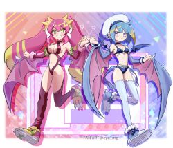 Rule 34 | 2girls, adapted costume, artist name, bikini, blonde hair, blue hair, breasts, chaya mago, clenched hand, commission, cosplay, duel monster, green eyes, hands up, harpie dancer, harpie dancer (cosplay), harpie queen, harpie queen (cosplay), hat, ki-sikil (yu-gi-oh!), lil-la (yu-gi-oh!), live twin ki-sikil, live twin lil-la, long hair, medium breasts, medium hair, multicolored eyes, multicolored hair, multiple girls, navel, paw shoes, pink eyes, skeb commission, small breasts, smile, standing, standing on one leg, stomach, swimsuit, teeth, thighhighs, twintails, walking, winged arms, wings, yu-gi-oh!